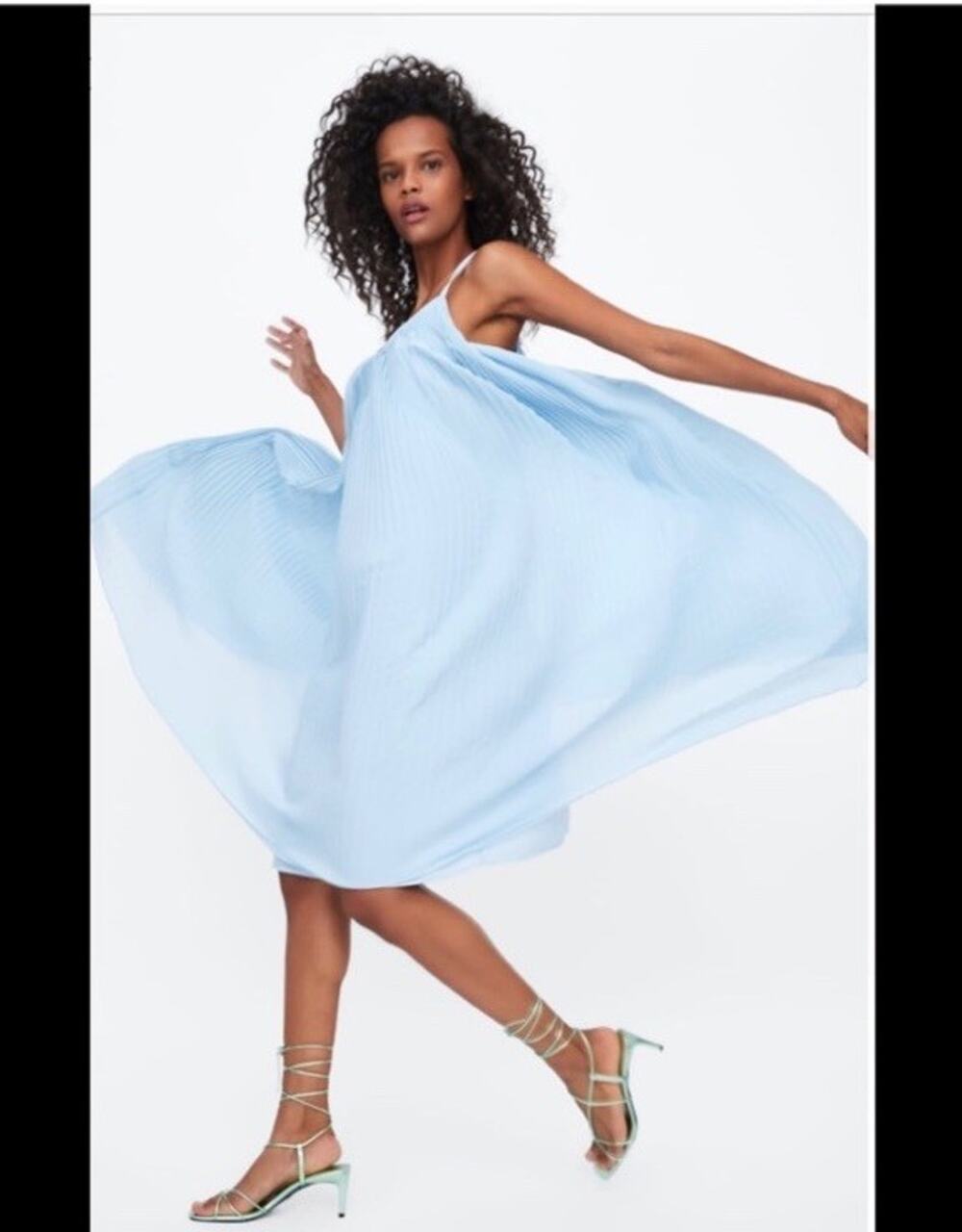 Zara Light Blue Pleated Chiffon Dress S-M Spaghetti Strap Flowy Swing